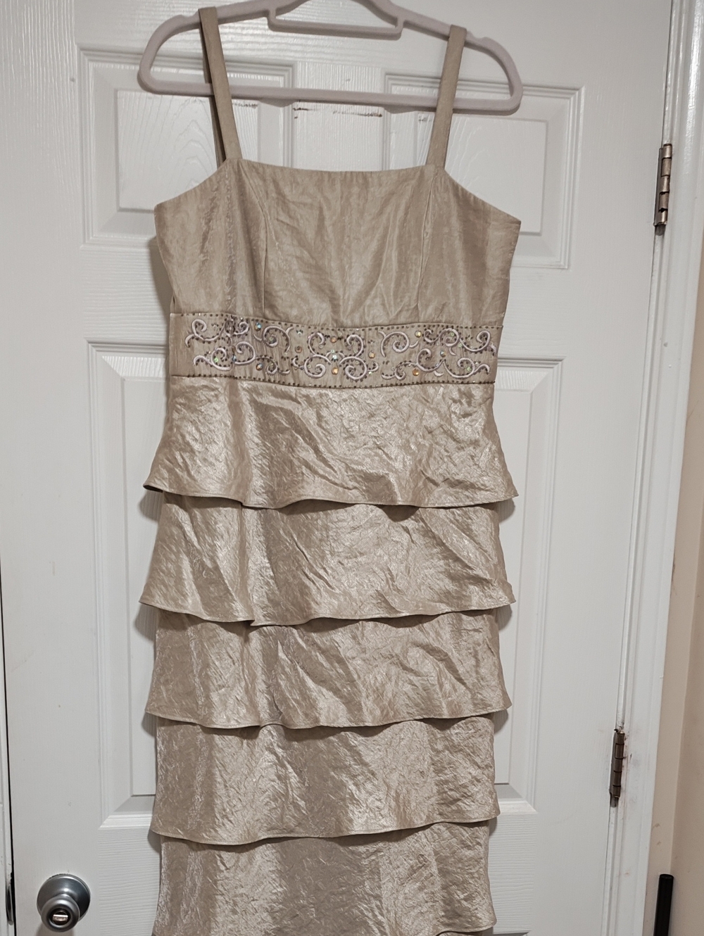 R&M Richards Beige Tiered Peplum Midi Dress with Jeweled Waistband, 57" Long